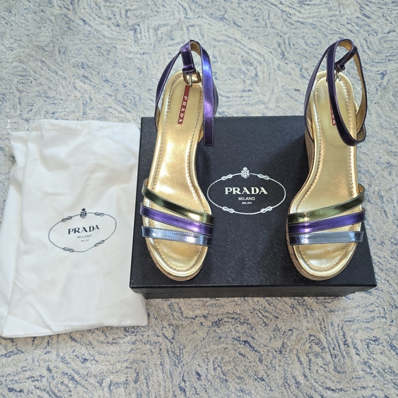Prada Women's Gold and Purple Strappy Sandals - Picture 1 of 7